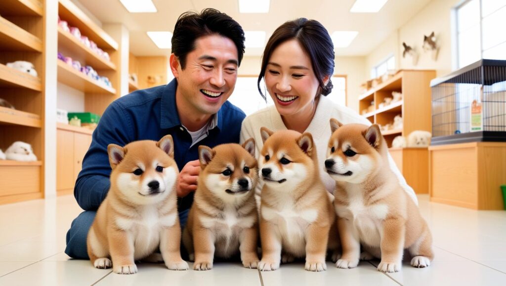 ペットショップで柴犬を見ている家族